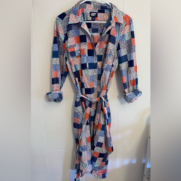 Lands' End Dresses & Skirts - Lands End Long Sleeve Shirt Dress Patchwork Blue Linen Belted Preppy Casual
